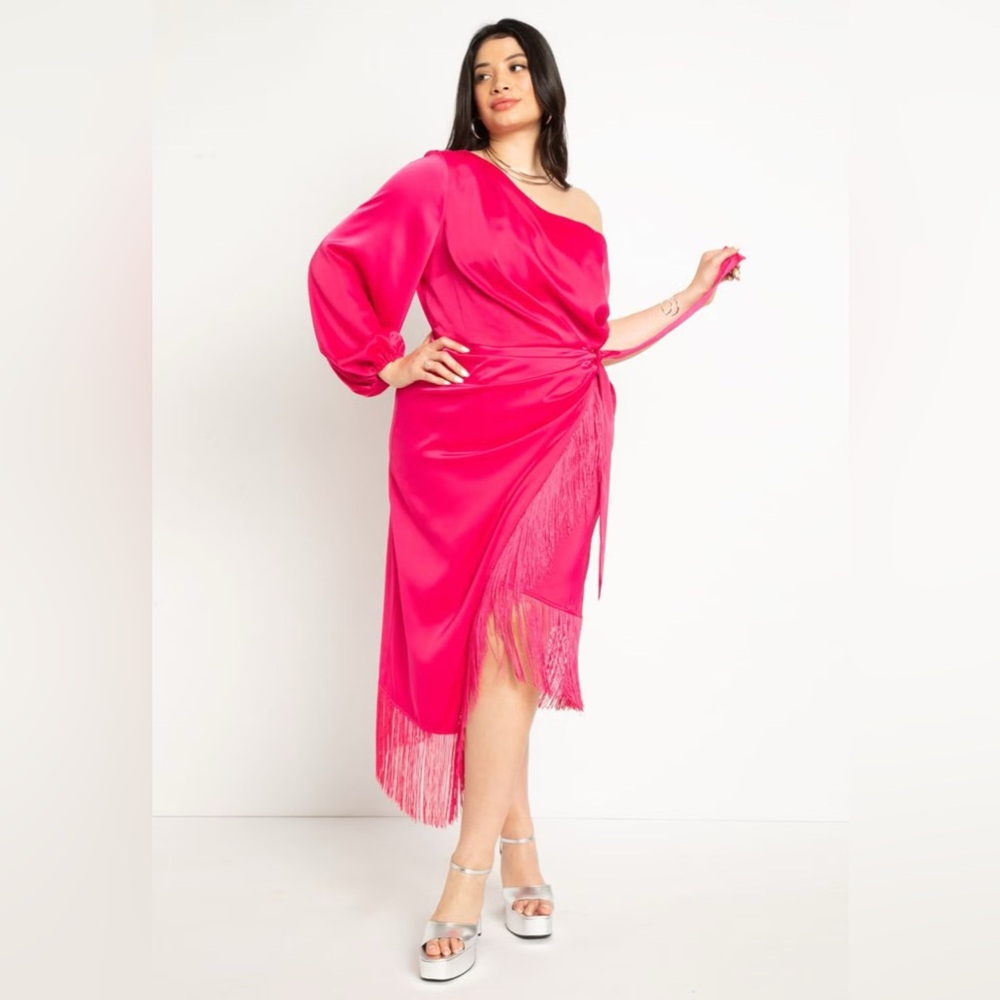 Eloquii Fringe Hem Satin Silk-Like One Shoulder Wrap Pink Plus Size Dress - Picture 2 of 6